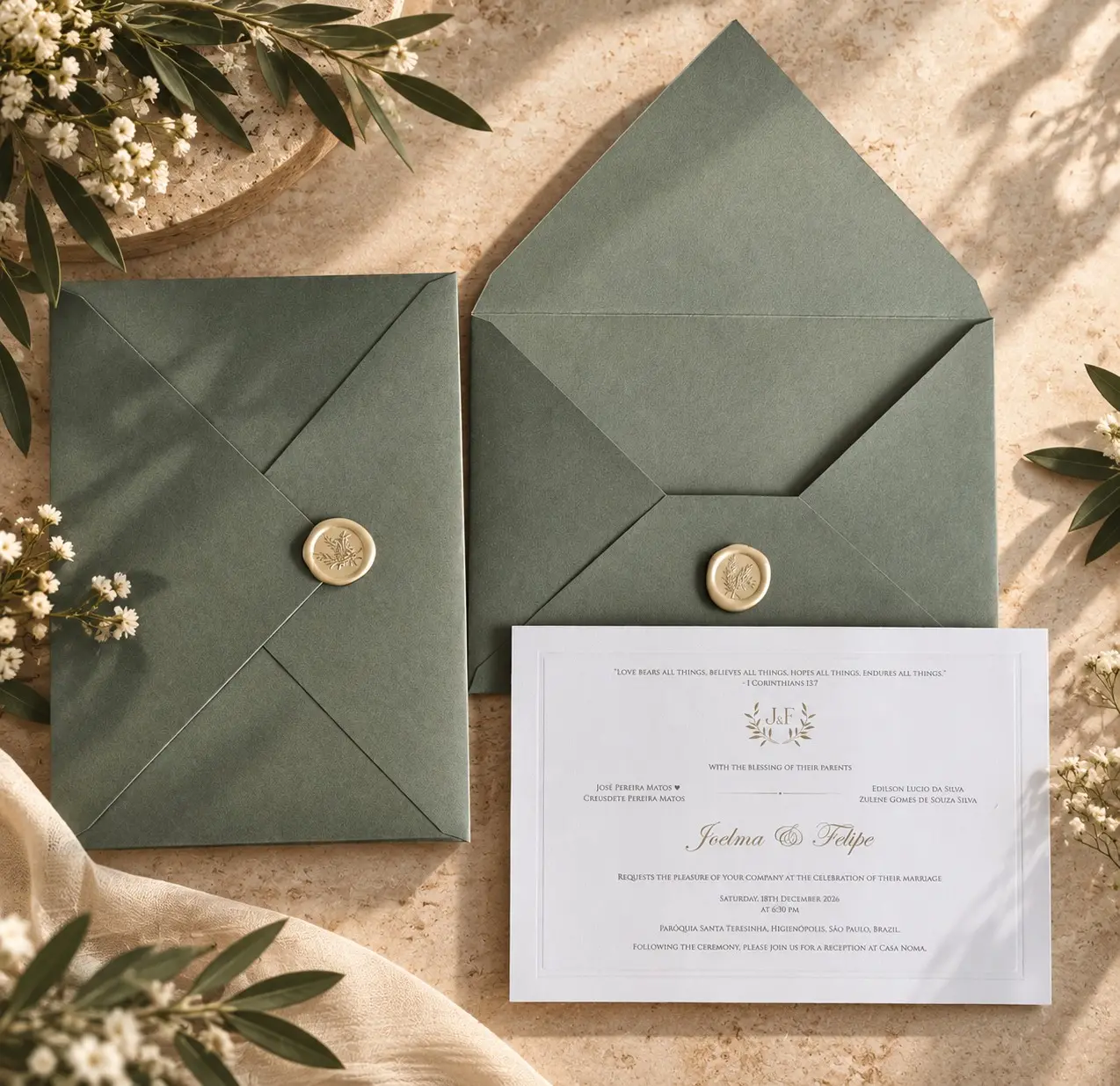 Convite personalizado com lacre dourado